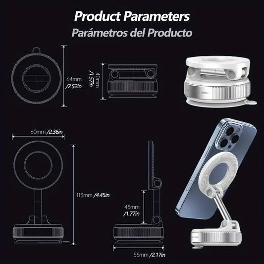 Haiyeasy Magnetic Fulcrum Phone Car Mount (White) - Foldable and Retractable | Compatible with iPhone, Samsung, and All Smartphones | Suitable for Cars, Showers, Gyms, and Smooth Surfaces