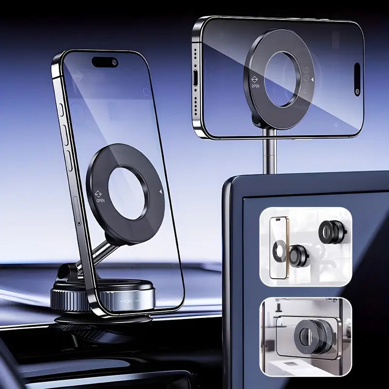 Haiyeasy Magnetic Fulcrum Phone Car Mount (Black) - Foldable and Retractable | Compatible with iPhone, Samsung, and All Smartphones | Suitable for Cars, Showers, Gyms, and Smooth Surfaces